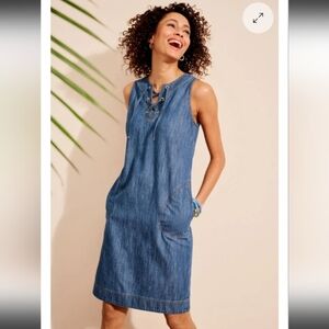Talbots Cotton Denim Preppy Casual Dress w Pockets, Lace Up Boho V Neckline
